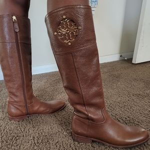 Size 8.5, womens, Brown, cobblestone leather, below knee, Tory Burch boots